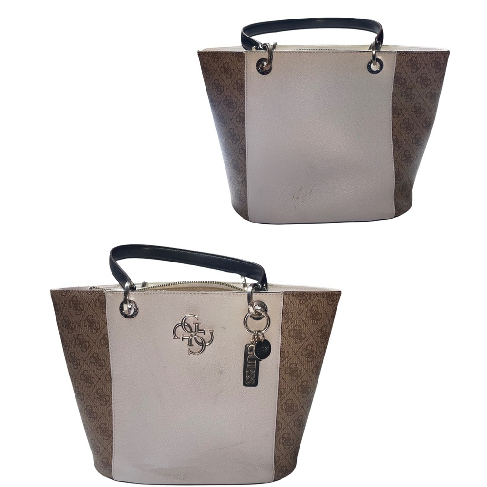 Guess Cream and Brown Tote Bag with Silver Hardware
